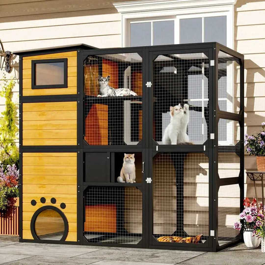 GO Large Cat Catio 4 Tiers Cat Enclosure For Outdoor, Cat House Weatherproof Attached To Window For Multiple Cats With Pla...
