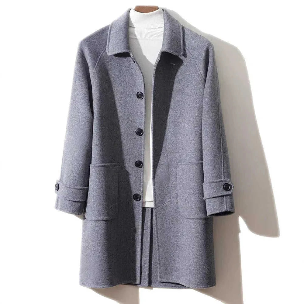 reversible wool coat | heavy wool overcoat | mid length mens coat | energy saving