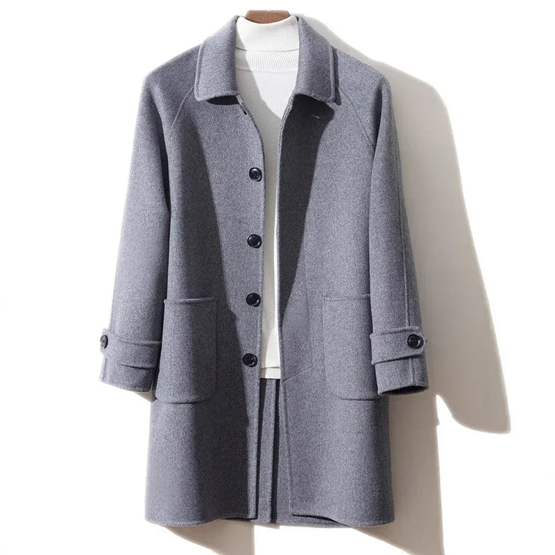reversible wool coat | heavy wool overcoat | mid length mens coat | energy saving