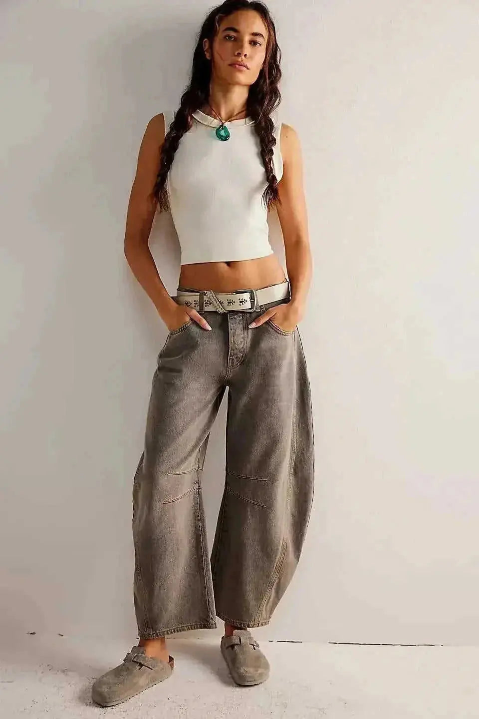 low-waist wide-leg pants | washed denim fabric | high-rise casual trousers | ultrasonic cleaning