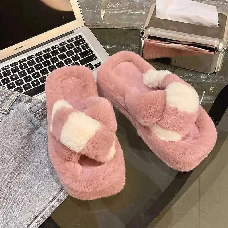 cross-strap fuzzy slippers | 5cm heel house shoes | plush indoor slippers women | energy saving