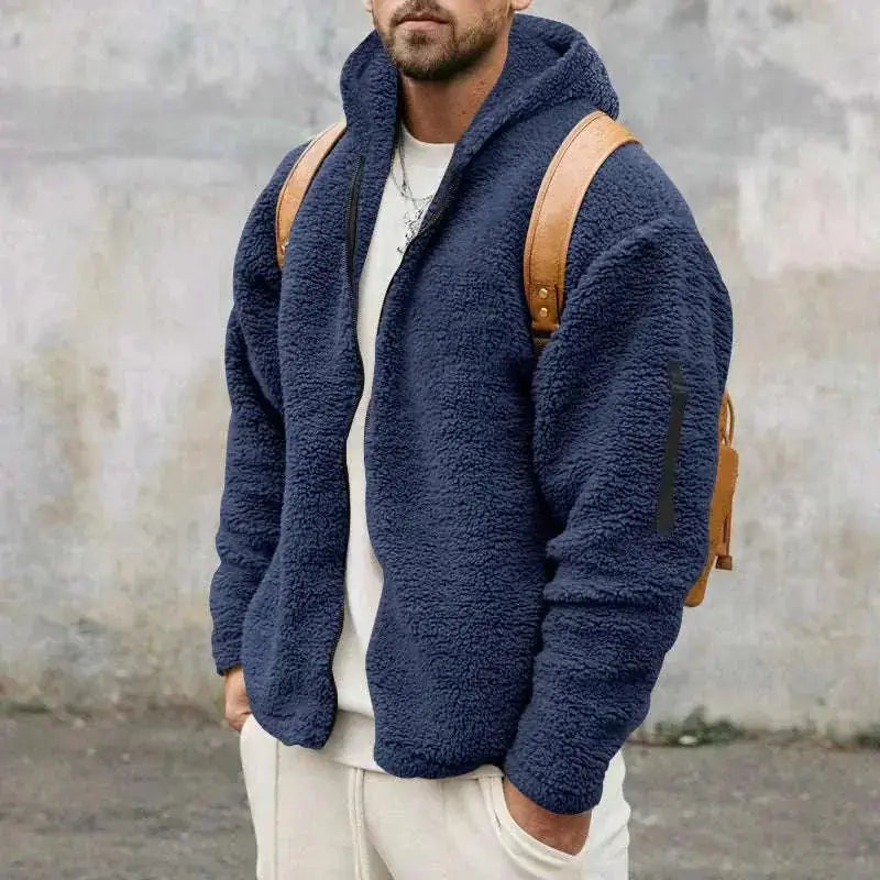 men fleece jacket | double-sided zipper coat | plush hooded jacket | energy saving