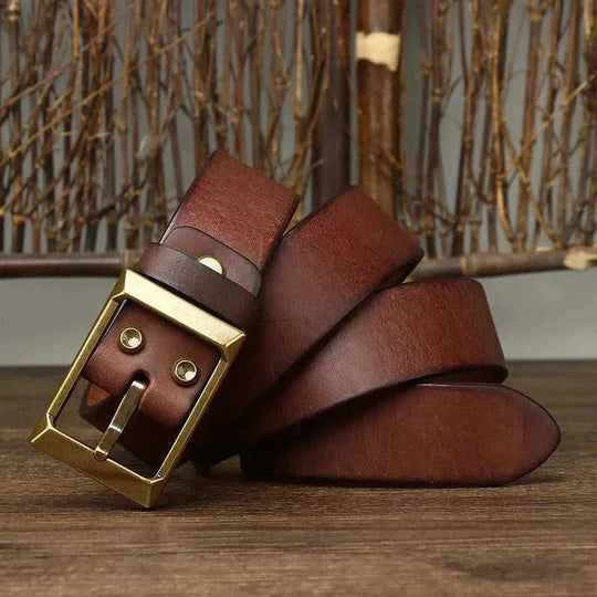 thick full-grain cowhide belt | solid brass roller buckle | heavy-duty leather belt | ultrasonic cleaning