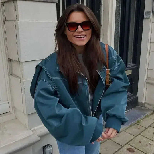 Loose Fashion Lapel Zip-up Jacket Cool Long Sleeve Zipper Closure Moto Biker Leather Jacket Womens Clothing Meifu Market