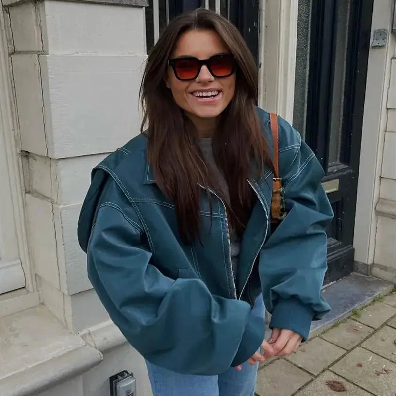 Loose Fashion Lapel Zip-up Jacket Cool Long Sleeve Zipper Closure Moto Biker Leather Jacket Womens Clothing Meifu Market