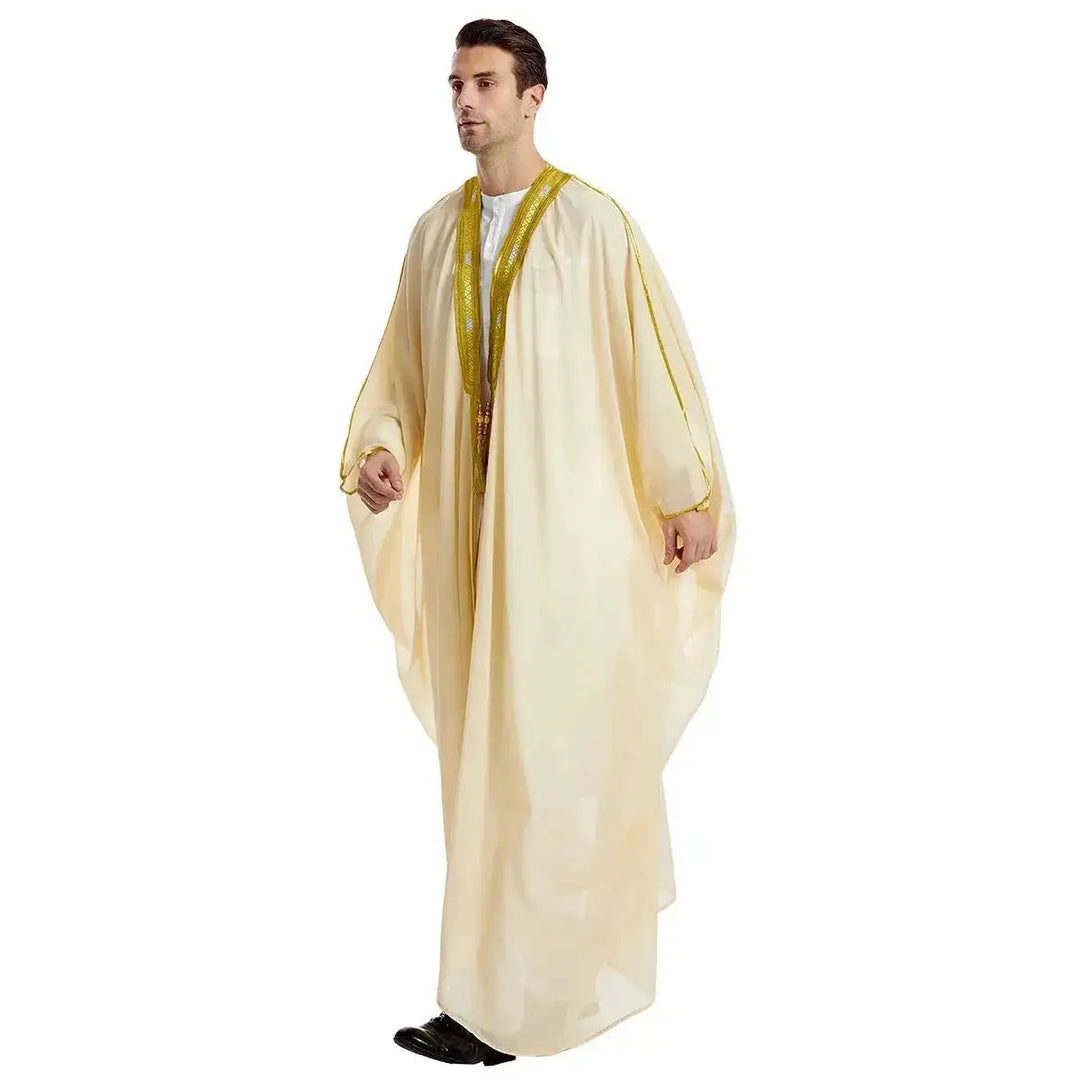long sleeve chiffon robe | embroidered mens arabic robe | golden ball tassel details | energy saving