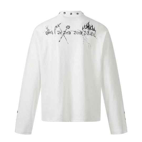 New American-style Retro Dark-themed Trendy Printed Mens Long-sleeve Shirt White - close-up detail shot