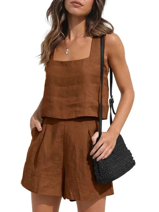 square neck top and shorts set | polyester spandex lounge set | summer casual two piece outfit | energy saving