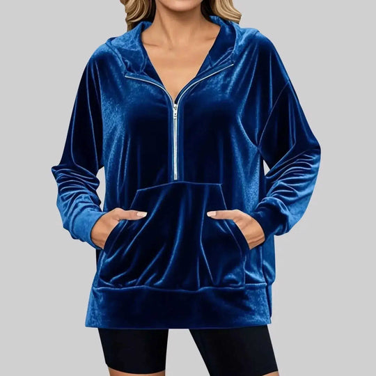 Loose Long Sleeve Zipper Pocket Pleuche Top Women Purple - color variant display