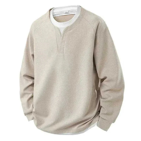 Contrast Colors False-two-piece Trendy V-neck Waffle Sweater Casual All-matching Tops Black - main product image