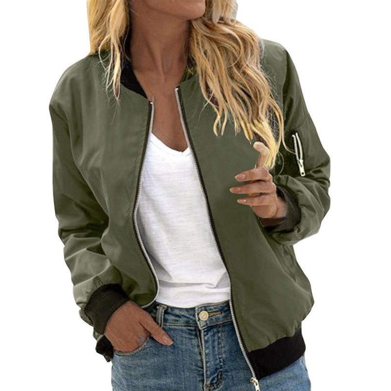 Women's Solid Color Cool Girl Baseball Jackets Round Neck Zipper Vintage Bomber Jacket Autumn Casual Female Bomber Jacket Chic Outerwear Meifu Market