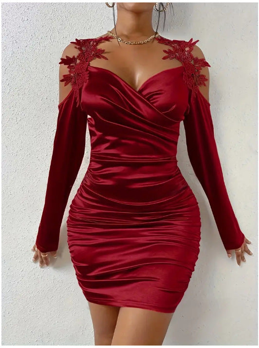 Spring And Autumn New Satin Elegant Lace Bodycon Dress With Pleated Skirt Meifu Market