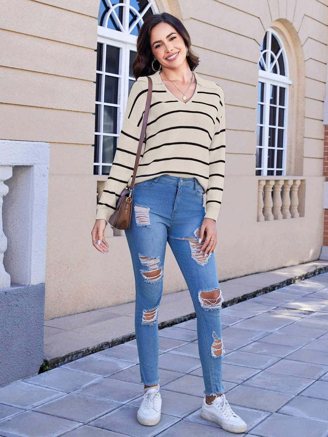Women's Striped V-neck Long Sleeved Sweater Meifu Market