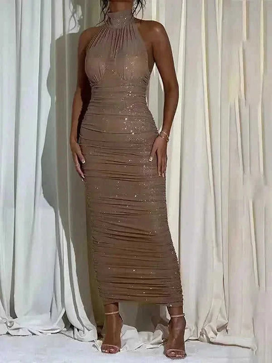 halter neck backless dress | silver bodycon dress | spandex blend cocktail dress | energy saving