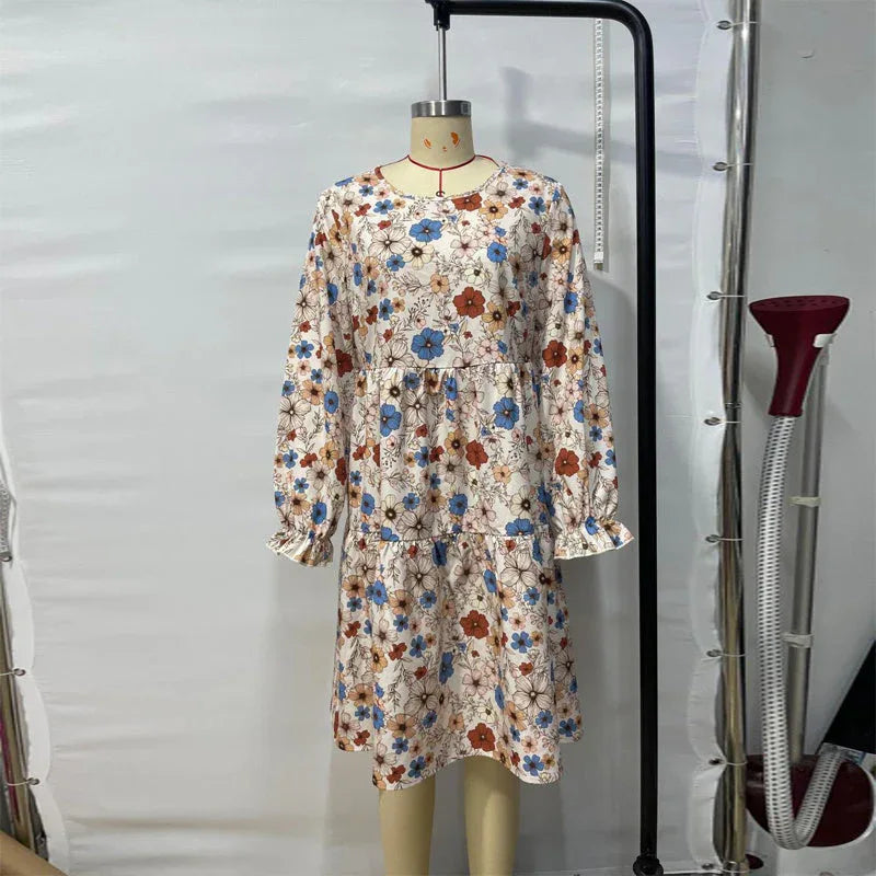 Women's Floral Print Boho Dress, Round Neck Smocked Cuff Sleeve Midi Dress With Patchwork Design For Spring And Fall Meifu Market