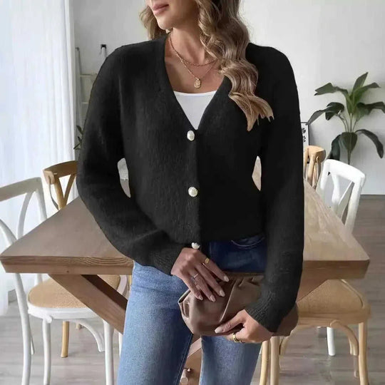 pearl buckle cardigan | four button sweater | woven knit fabric | energy saving