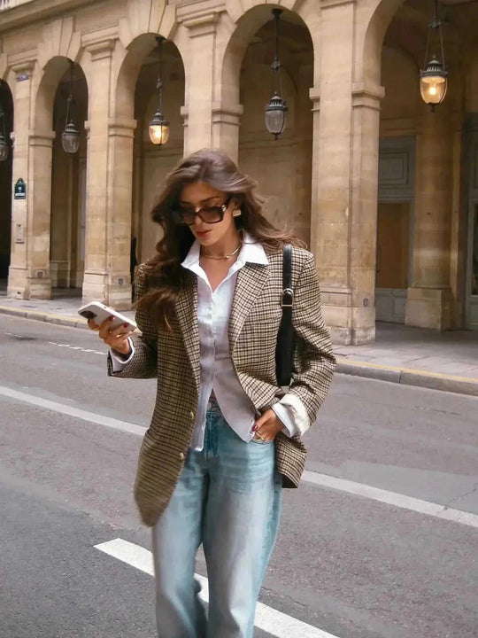 elegant plaid blazer for women | wool blend blazer jacket | office work blazer with pockets | energy saving