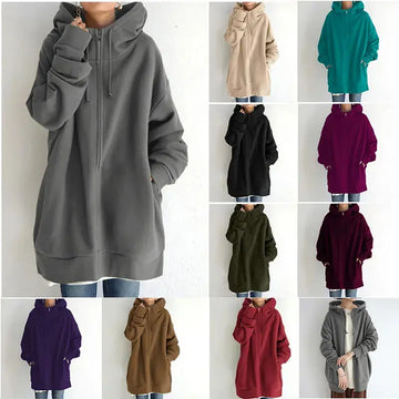 Oversized S-5XL Women Loose Hooded Coats Autumn Female Tie Collar Long Sleeve Zipper Up Add Velvet Long Sweatshirt Meifu Market