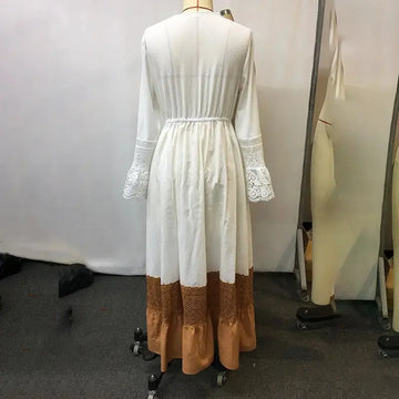 Boho Chic Maxi Dress, Women's Vintage-Inspired Lace Trim With Deep V-Neck Elegant Dress, No Belt Included