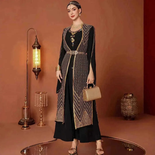 vintage gold embroidery robe | black abaya with embroidery | two piece prayer dress set | ultrasonic cleaning