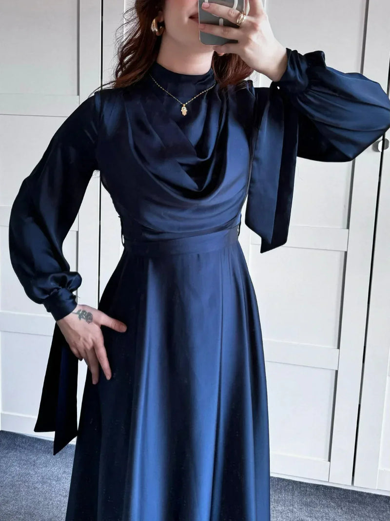 satin fabric maxi dress | plunge neckline long sleeve dress | strappy back evening gown | energy saving