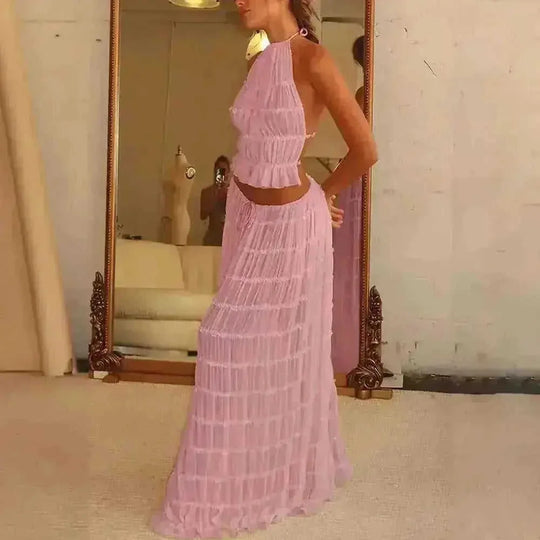2pcs Women's Dress Suit Sexy Sleeveless Backless Cropped Halter Top And Pleated Long Skirt Beach Clothing - view 9...