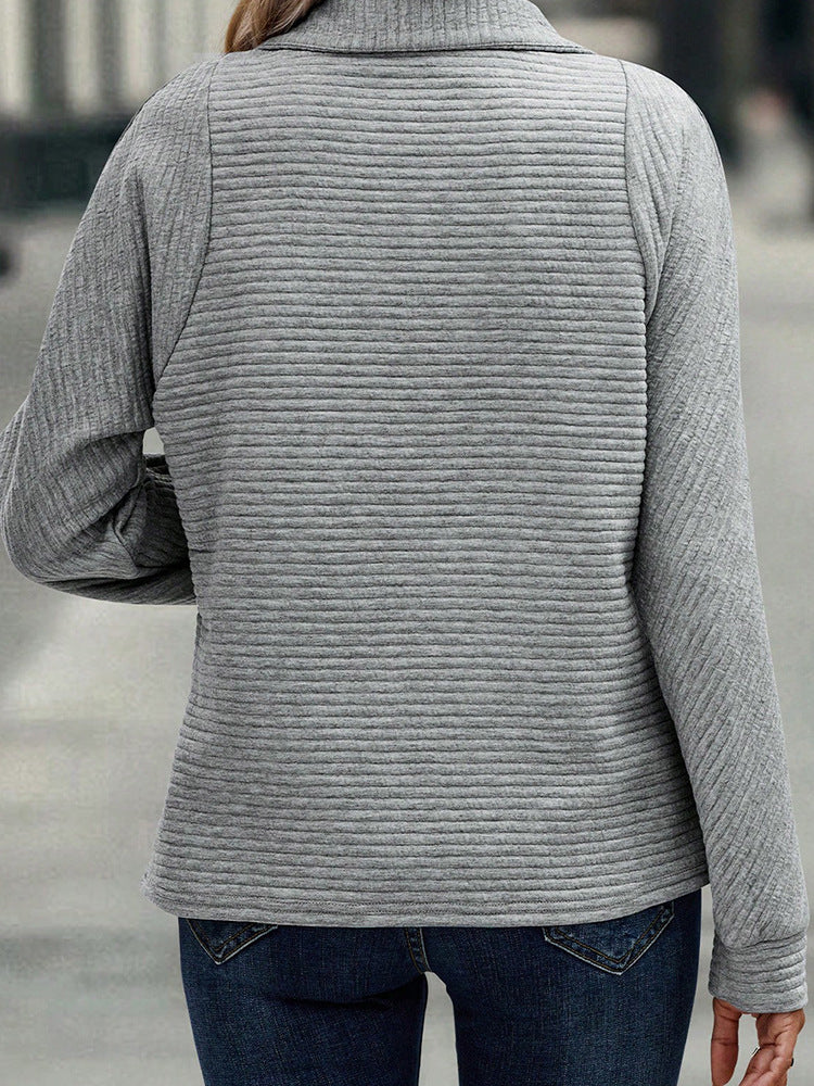 Zipper Stand Collar Pullover Sweatshirt Fashion Solid Striped Long Sleeve Top Spring And Autumn Women's Clothing Meifu Market