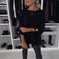 Knit Top Women - Round Neck Short Sleeve Casual Shirt Solid Color Black - close-up detail shot