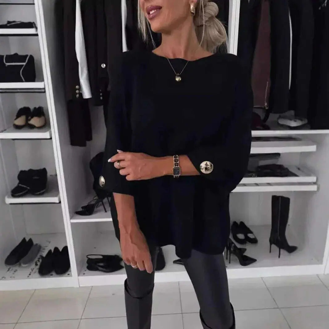 Knit Top Women - Round Neck Short Sleeve Casual Shirt Solid Color Black - close-up detail shot