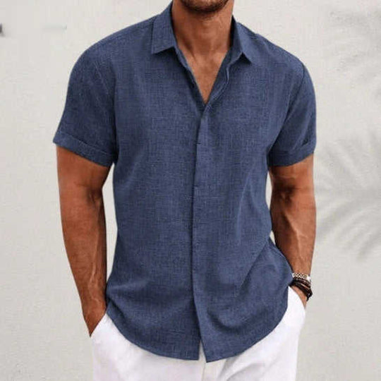 Men's Linen-Blend Short Sleeve Loose Shirt with Double Placket - Meifu Market