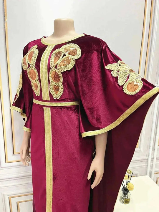 gold velvet evening dress | sequined arabic dress | long sleeve maxi dress | energy saving