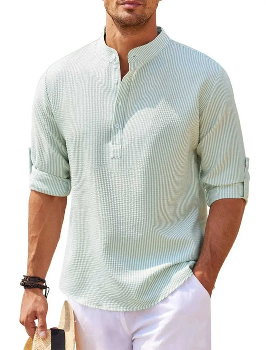 Men's Casual Shirt Long Sleeve Stand Collar Solid Color Shirt Mens Clothing