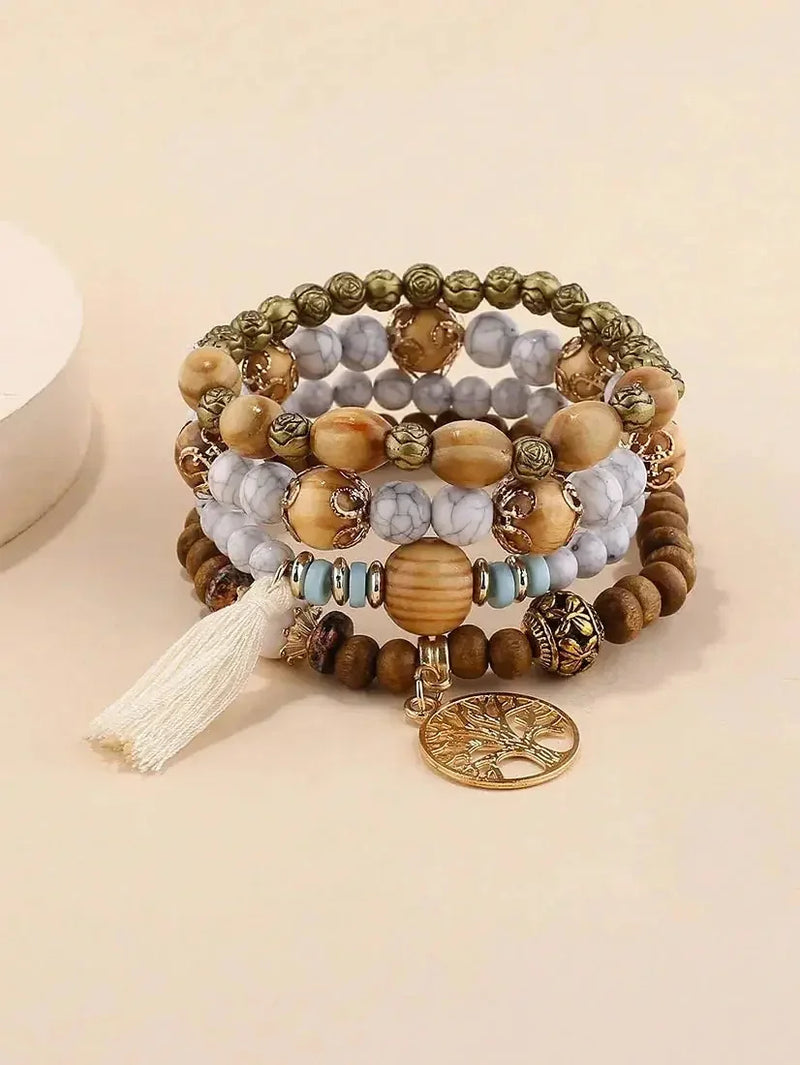 elastic bangle bracelet set | wooden beads jewelry | adjustable tree of life bracelet | ultrasonic cleaning