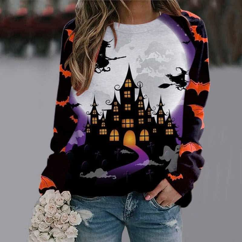 Halloween Cartoon Print Sweatshirt Long Sleeve Pullover Tops Women 