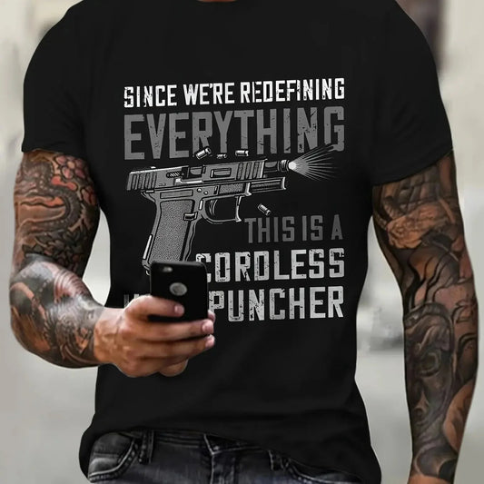 Large Men's Gun And Letter Graphic Printed T-shirt Suitable For Summer, Cool And Stylish Short Sleeved T-shirt Suitable For Tall And Tall Men