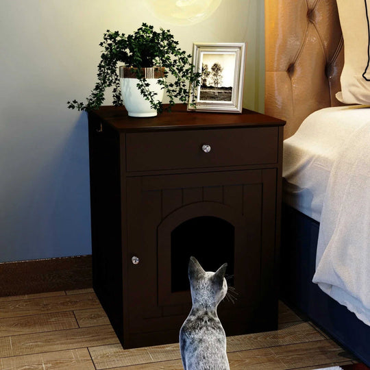 Wooden Pet House Cat Litter Box Enclosure With Drawer & Side Table Meifu Market