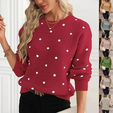 Ins Polka Dot Print Pullover Sweater Fashion Casual Long-sleeved Jacquard Knitted Top Winter Round Neck Clothing For Women Meifu Market