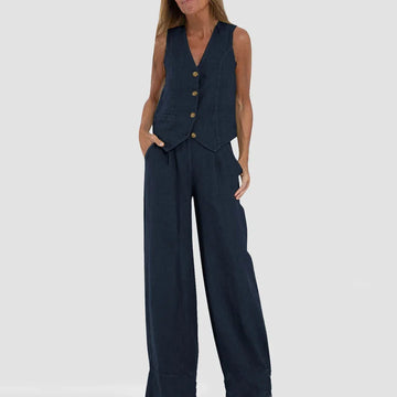 lightweight linen blend fabric | high-waisted wide-leg trousers | breathable sleeveless vest top | ultrasonic cleaning