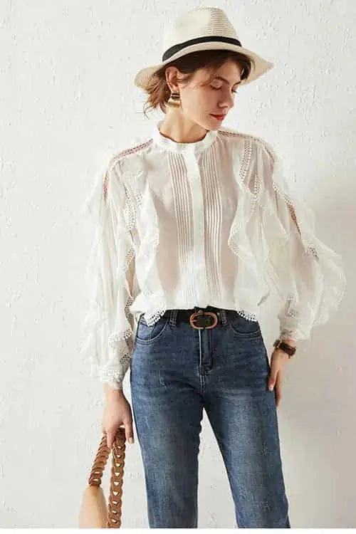 linen blend shirt | loose fit blouse | elegant lace detailing | energy saving