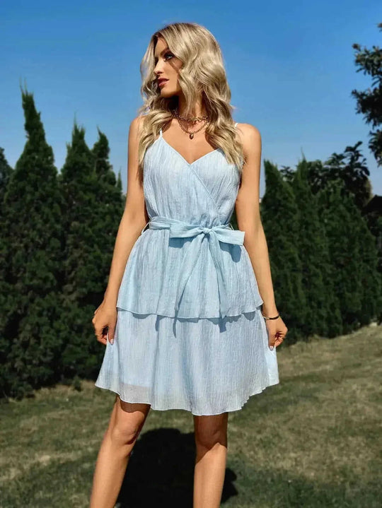 stretch fabric v-neck dress | adjustable waist strap dress | midi length summer dress | ultrasonic cleaning