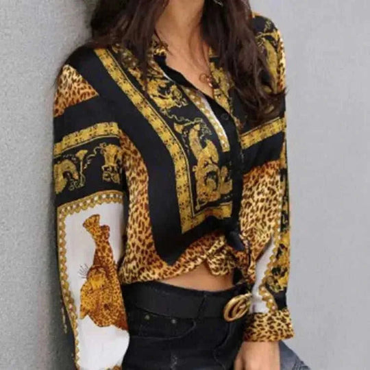 Elegant Print Loose Crop Shirt Ladies Button Down Shirt Yellow - ttqv fashion loose stripe print 2 piece set women 2026 el...