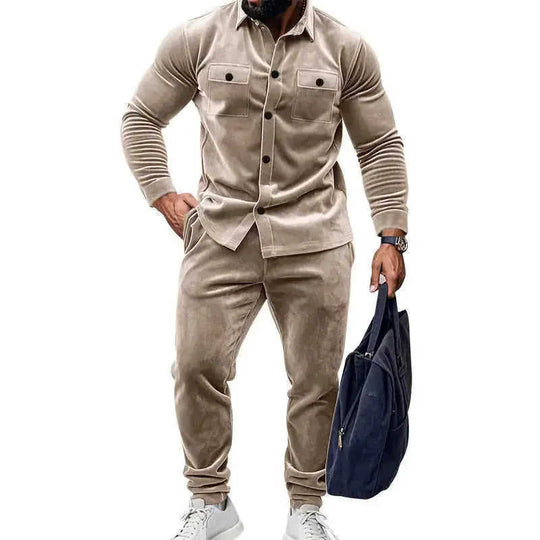 Men's Suede Solid Color Single-breasted Tooling Cardigan Two-piece Set Meifu Market