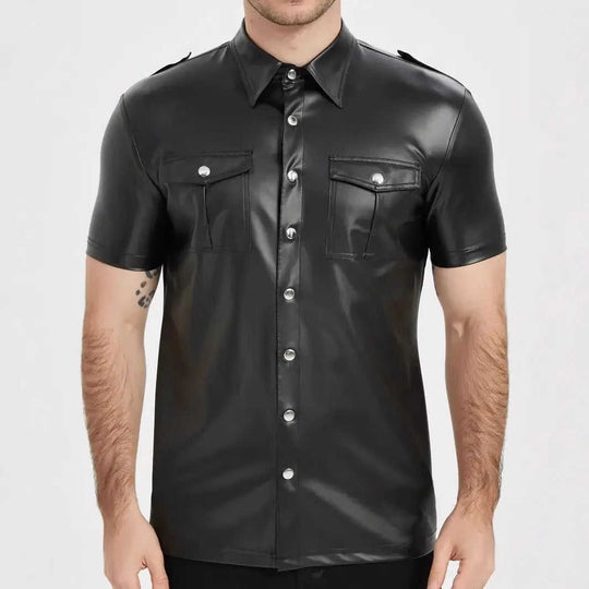 European And American-style Summer Casual Mens Patent Leather Tight-fitting Short-sleeve Top M - side view showing details