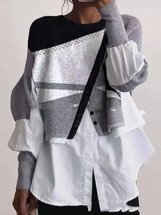 Crew Neck Long Sleeve Knitted Multi-color Patchwork White Shirt Women's Meifu Market