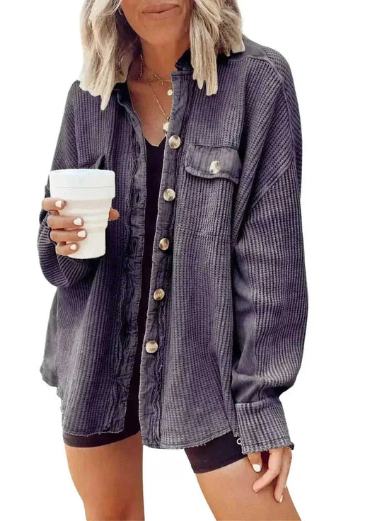 Button Shirt Jacket Women Lapel Long Sleeve Blouse Fashion Jacket Tops - Meifu Market