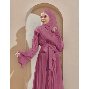 modest lace abaya | pleated kaftan dress | ramadan prayer outfit | energy saving
