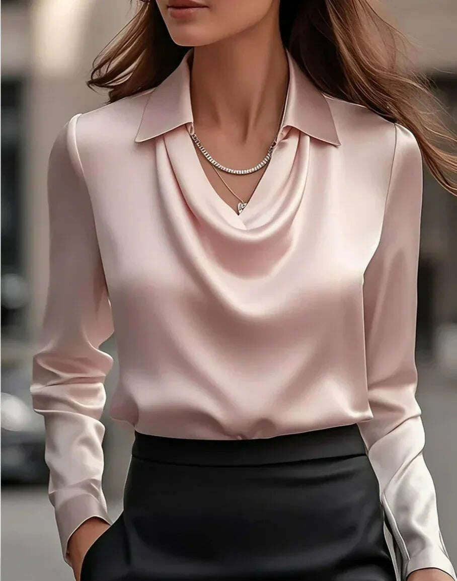 Women's Swing Collar Draped Shirts & Blouses Elegant Solid Satin Office Ladies Top Pullover Spring Long Sleeve Casual Tops Meifu Market