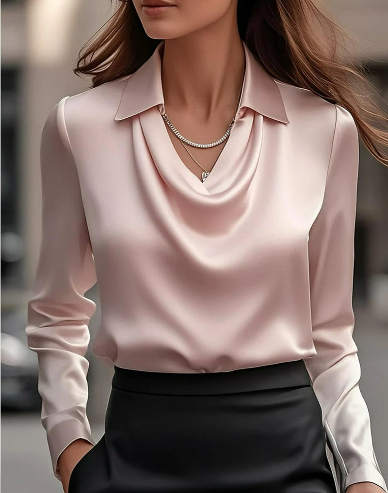 Women's Swing Collar Draped Shirts & Blouses Elegant Solid Satin Office Ladies Top Pullover Spring Long Sleeve Casual Tops Meifu Market