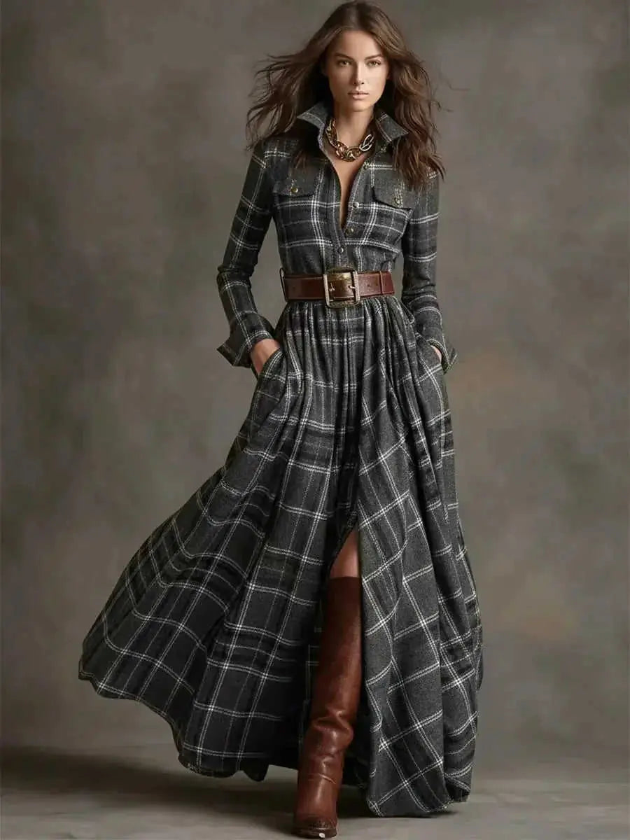 French Retro Plaid Dress - Plus Size Belted Waist Irregular Hem Dress Meifu Market