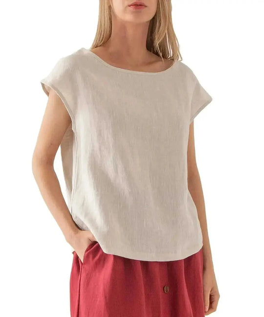 linen blend fabric | breathable short sleeve t-shirt | loose fit casual top | ultrasonic cleaning